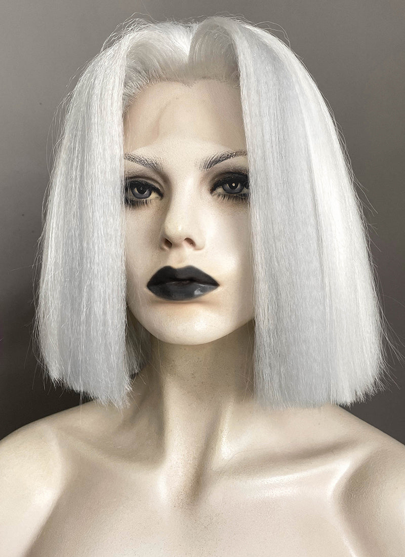 Hazbin Hotel Lute Silver Grey With White Straight Bob Yaki Lace Front Synthetic Hair Wig LF6161