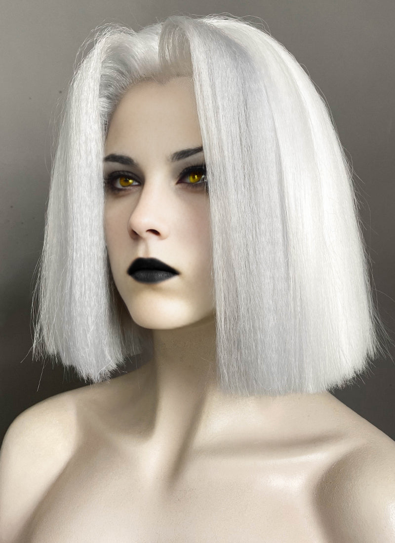 Hazbin Hotel Lute Silver Grey With White Straight Bob Yaki Lace Front Synthetic Hair Wig LF6161