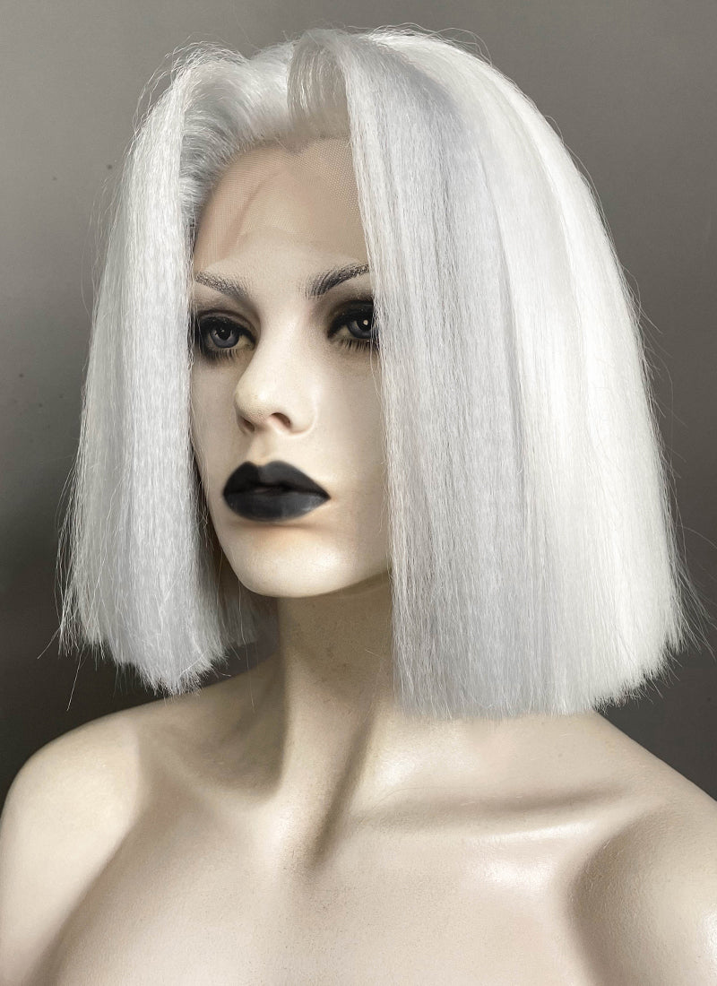 Hazbin Hotel Lute Silver Grey With White Straight Bob Yaki Lace Front Synthetic Hair Wig LF6161