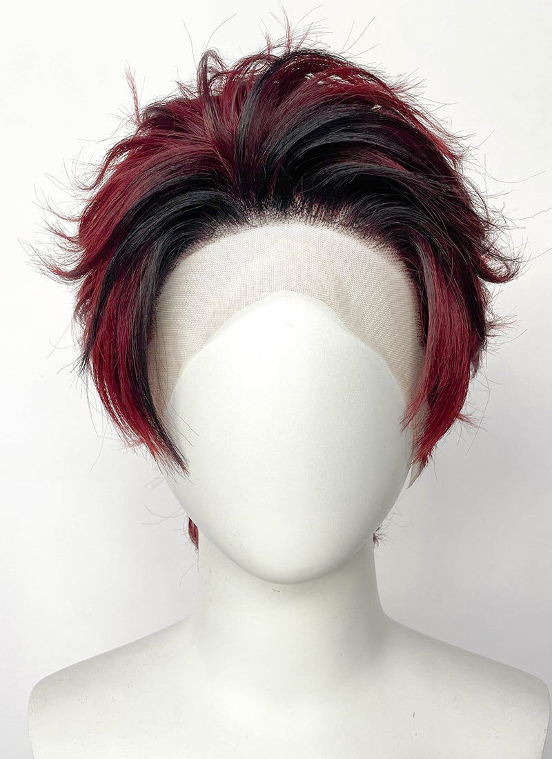 Demon Slayer Kimetsu no Yaiba Tanjiro Kamado Black With Red Wavy Lace Front Synthetic Men's Wig LF6162