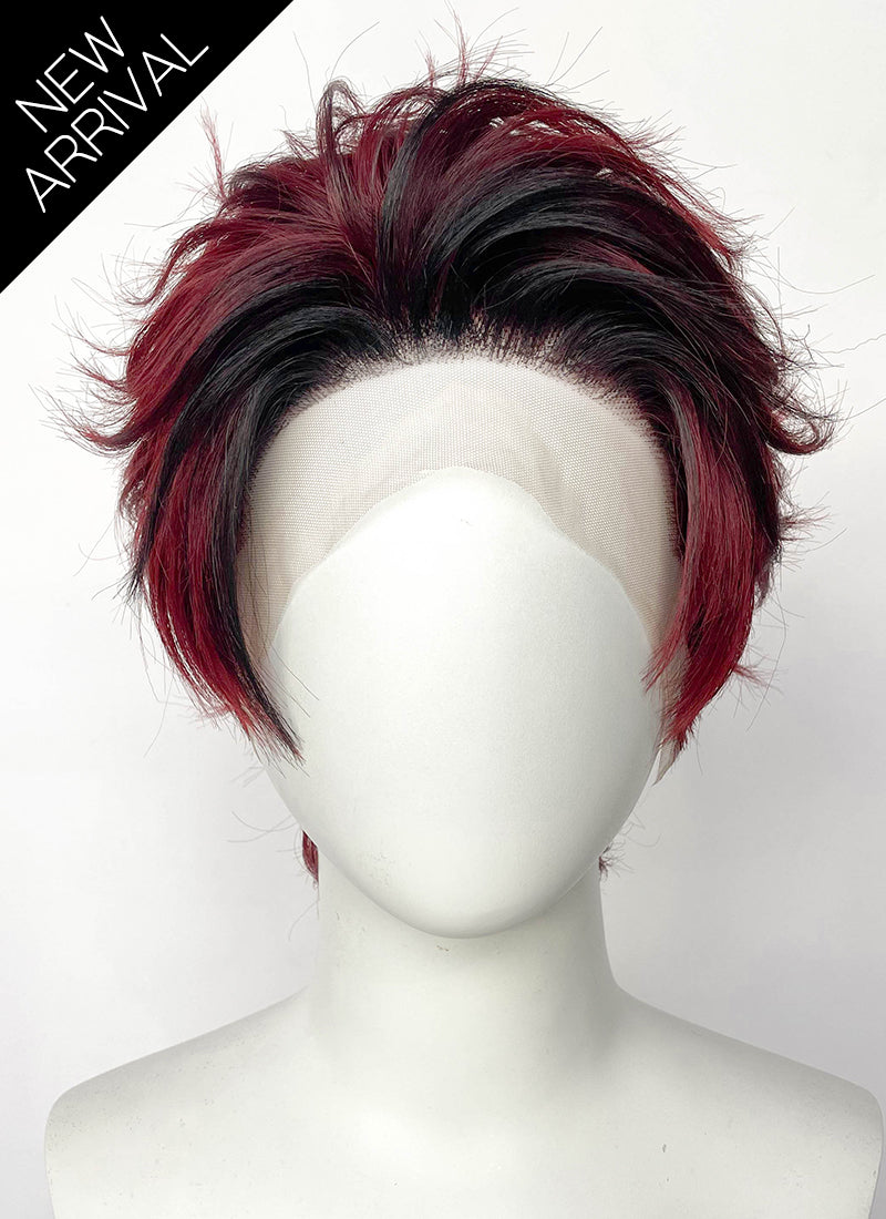 Demon Slayer Kimetsu no Yaiba Tanjiro Kamado Black With Red Wavy Lace Front Synthetic Men's Wig LF6162