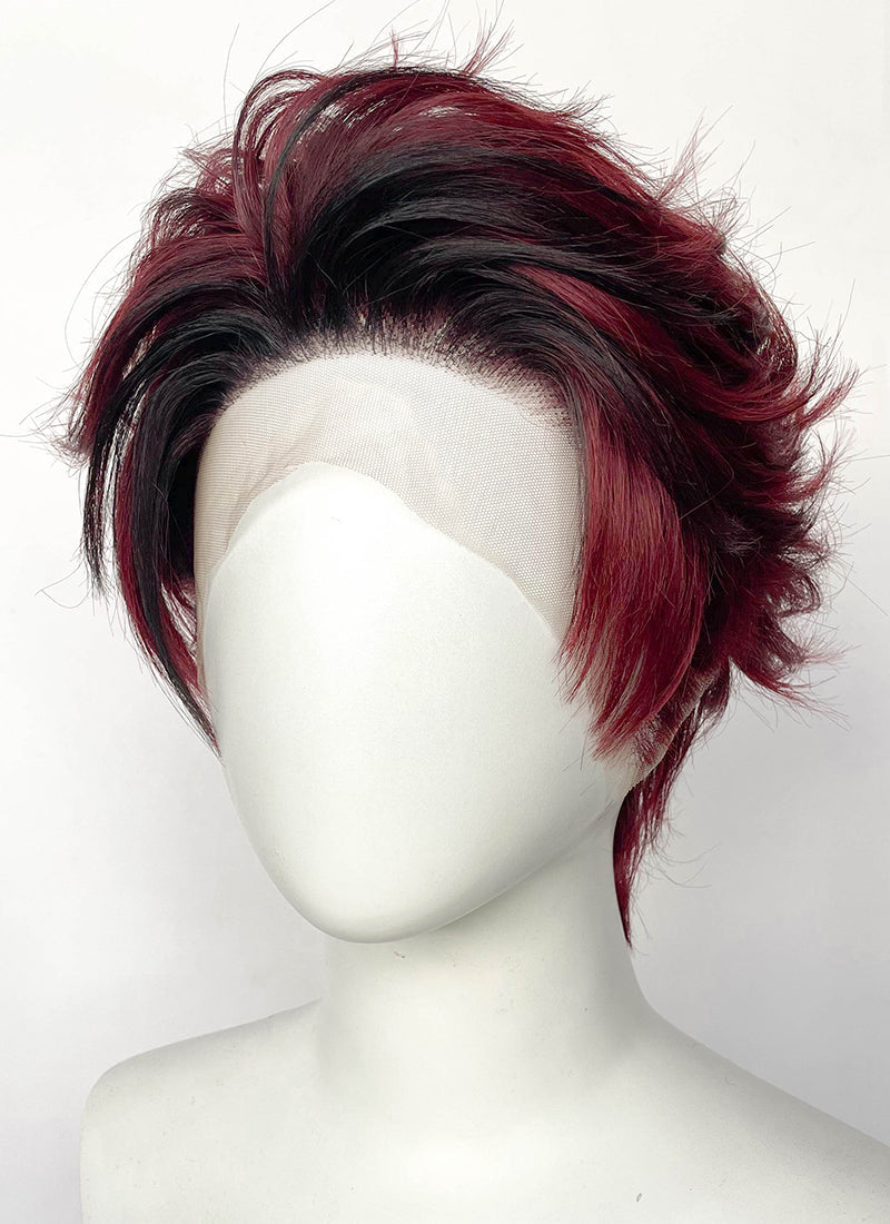 Demon Slayer Kimetsu no Yaiba Tanjiro Kamado Black With Red Wavy Lace Front Synthetic Men's Wig LF6162