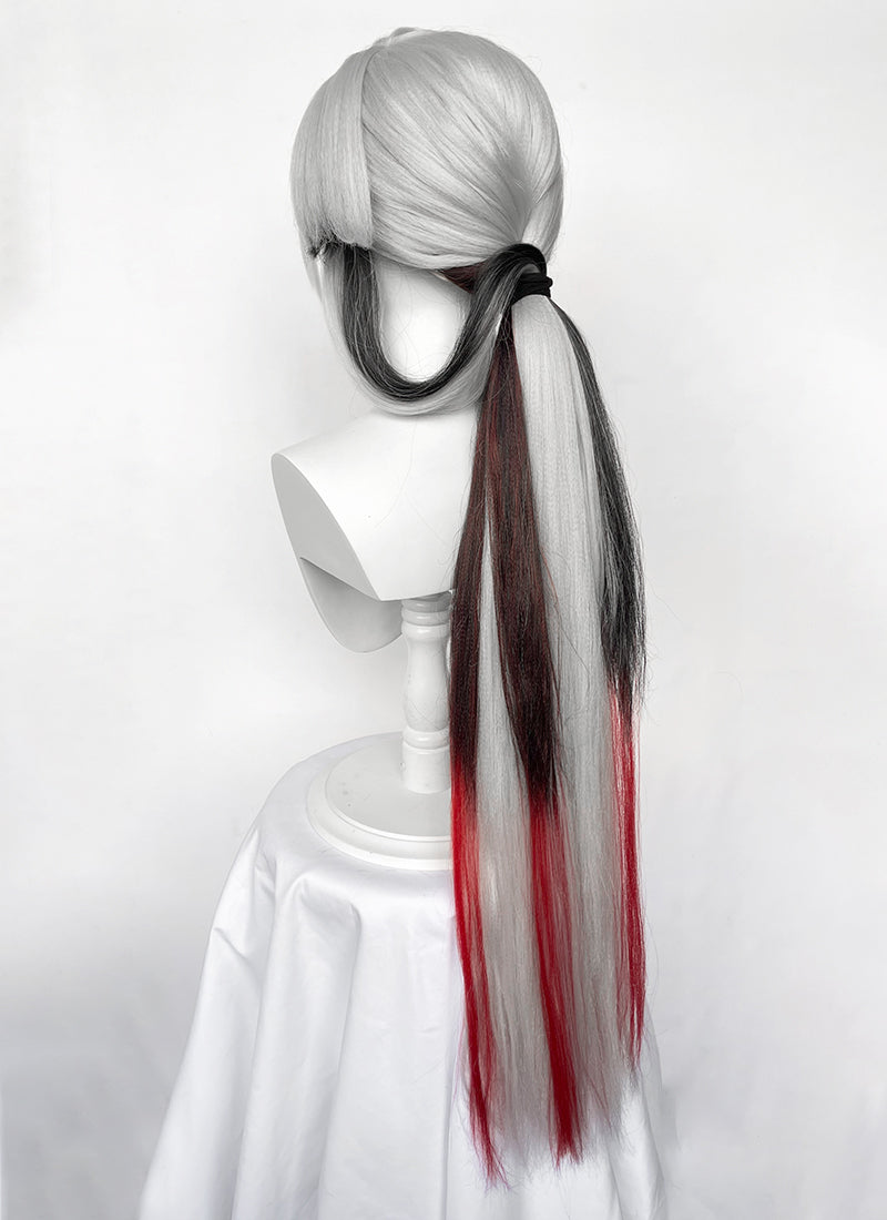 Genshin Impact Arlecchino Grey Black Red Brown Mixed Straight Yaki Lace Front Synthetic Wig LF6174