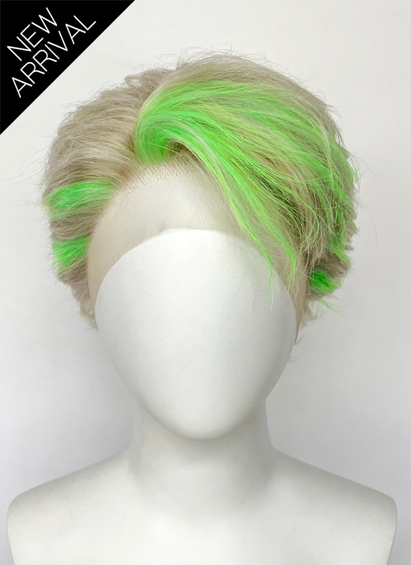 Ash Blonde Mixed Green Wavy Lace Front Synthetic Men's Wig LF8090