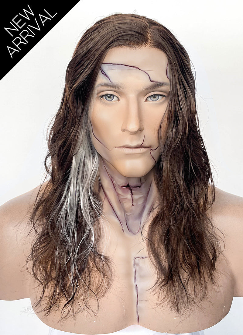 Frankenstein 2025 The Creature Brown With Sliver Grey Wavy Lace Front Synthetic Men's Wig LF8096