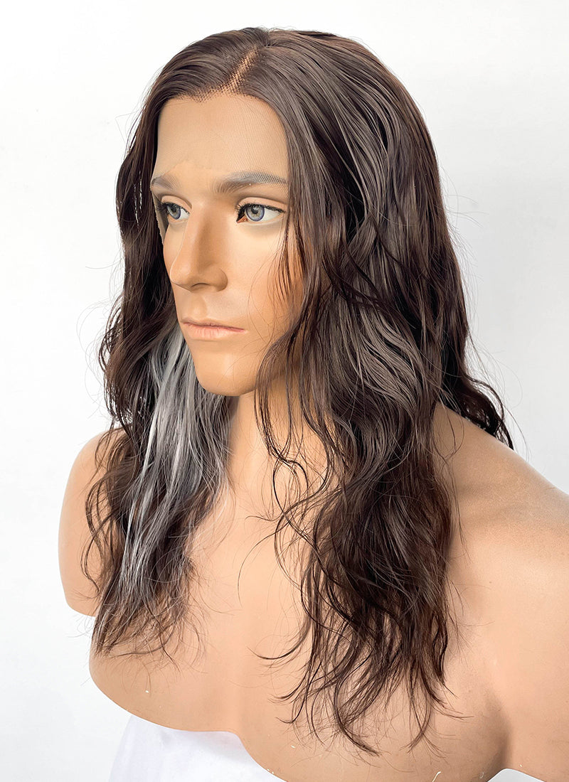 Frankenstein 2025 The Creature Brown With Sliver Grey Wavy Lace Front Synthetic Men's Wig LF8096