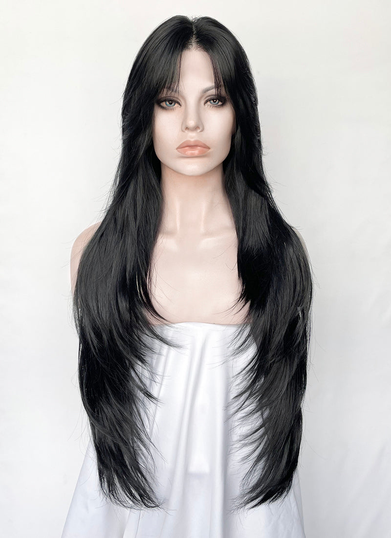 Jet Black Curtain Bangs Straight Lace Front Synthetic Hair Wig LF8098