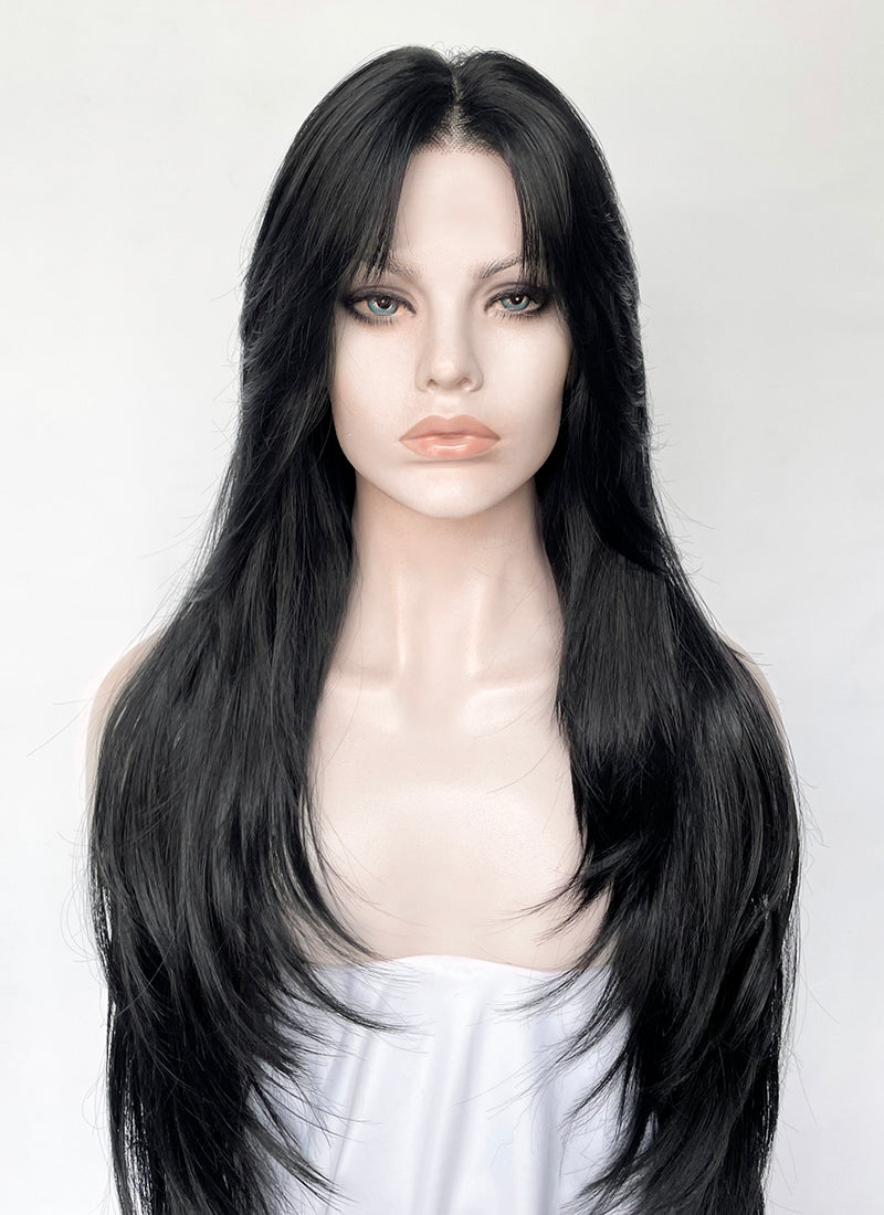 Jet Black Curtain Bangs Straight Lace Front Synthetic Hair Wig LF8098