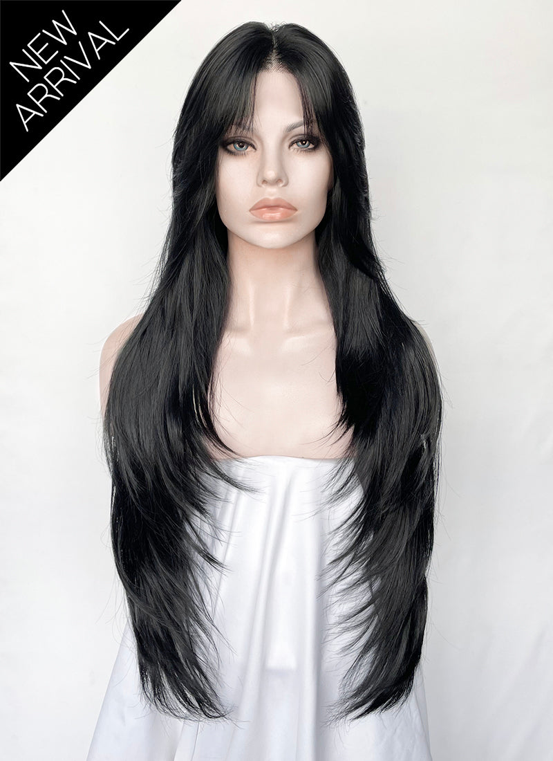Jet Black Curtain Bangs Straight Lace Front Synthetic Hair Wig LF8098