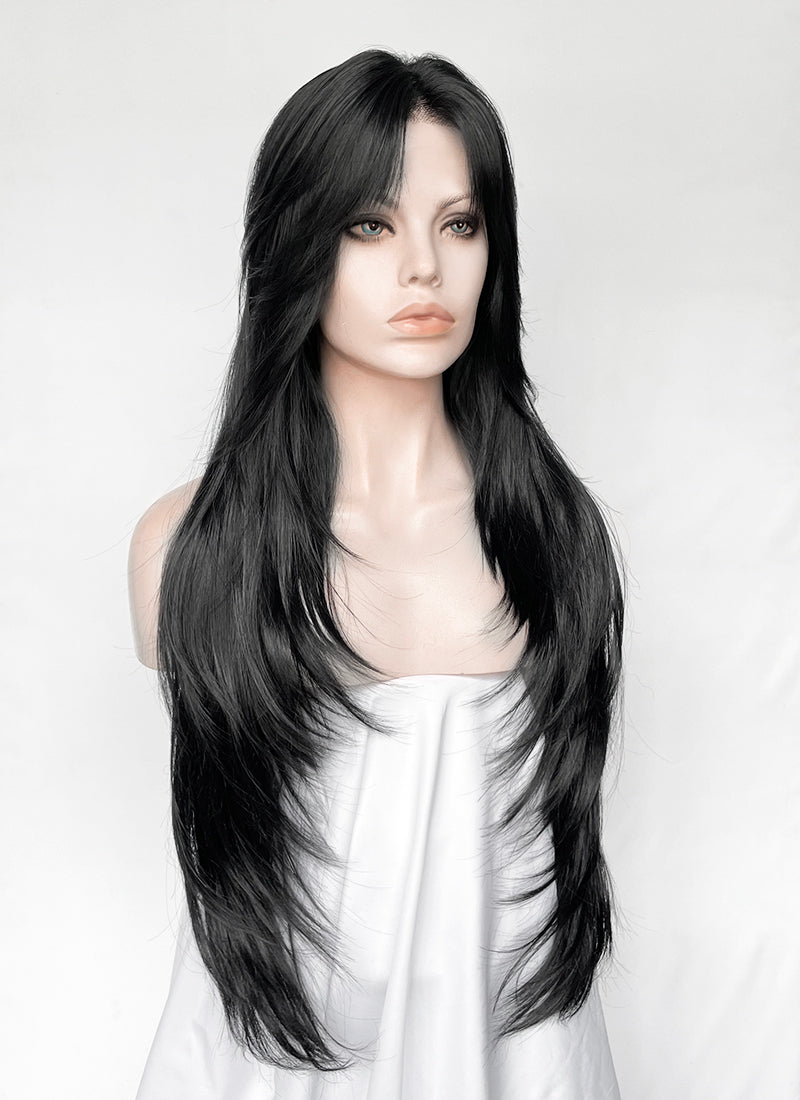 Jet Black Curtain Bangs Straight Lace Front Synthetic Hair Wig LF8098
