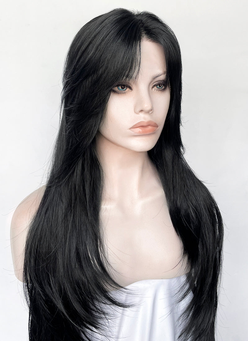Jet Black Curtain Bangs Straight Lace Front Synthetic Hair Wig LF8098