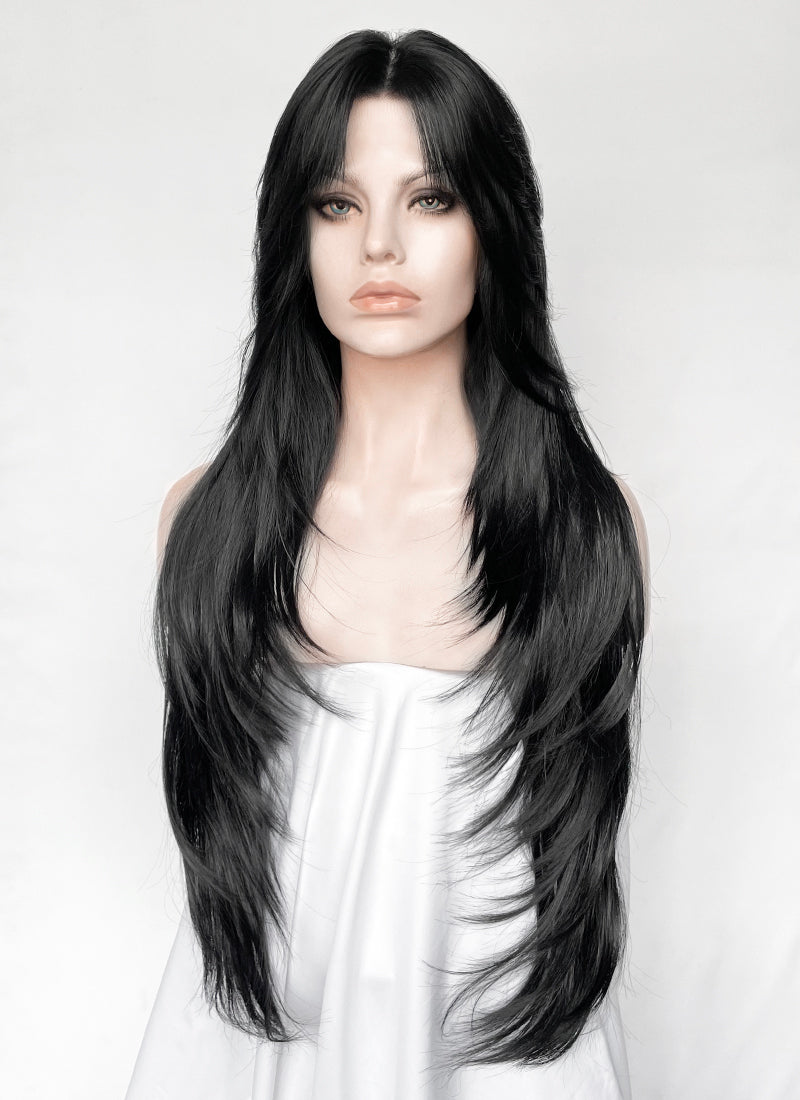 Jet Black Curtain Bangs Straight Lace Front Synthetic Hair Wig LF8098