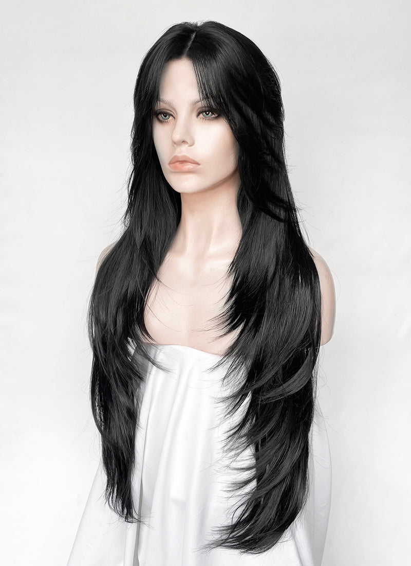 Jet Black Curtain Bangs Straight Lace Front Synthetic Hair Wig LF8098