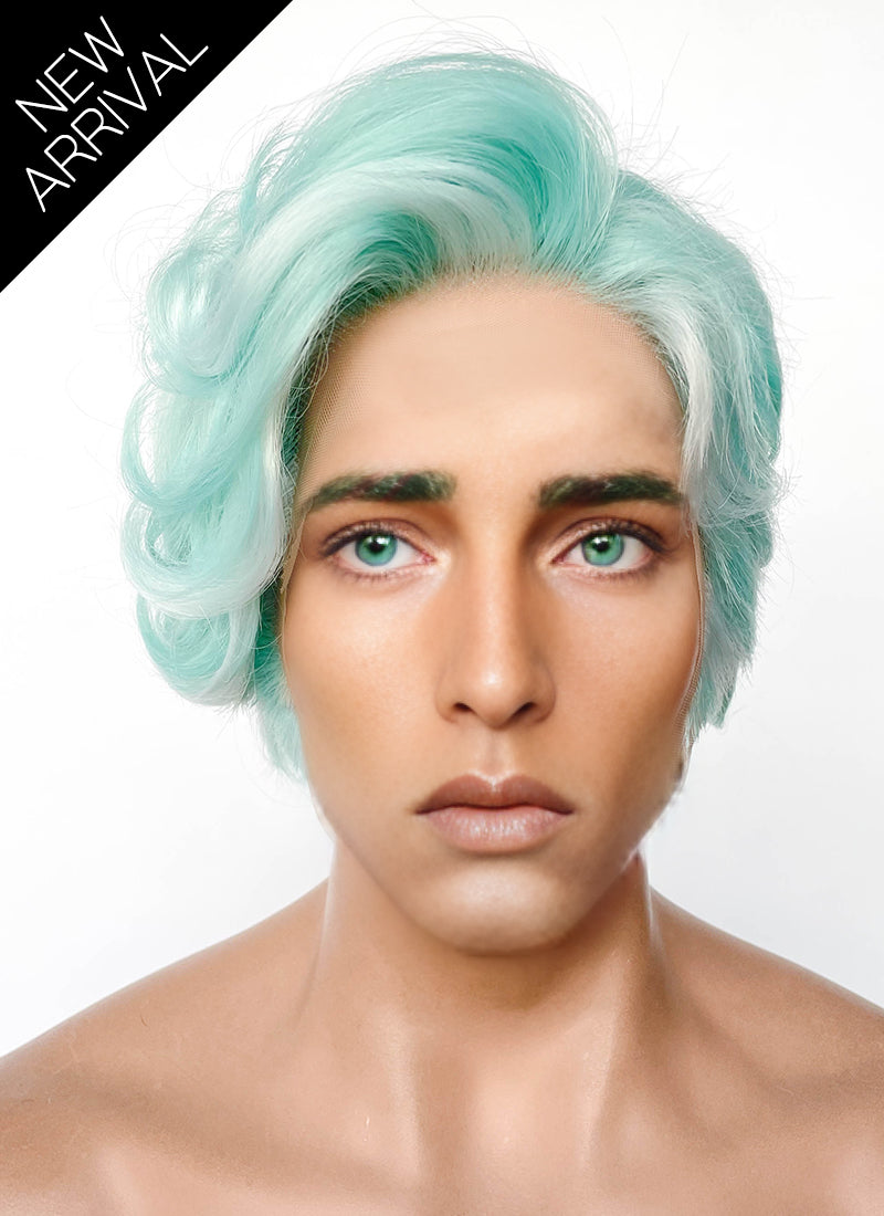 Critical Role Wicander Halovar Pastel Green Mixed White Wavy Lace Front Synthetic Men's Wig LF8103