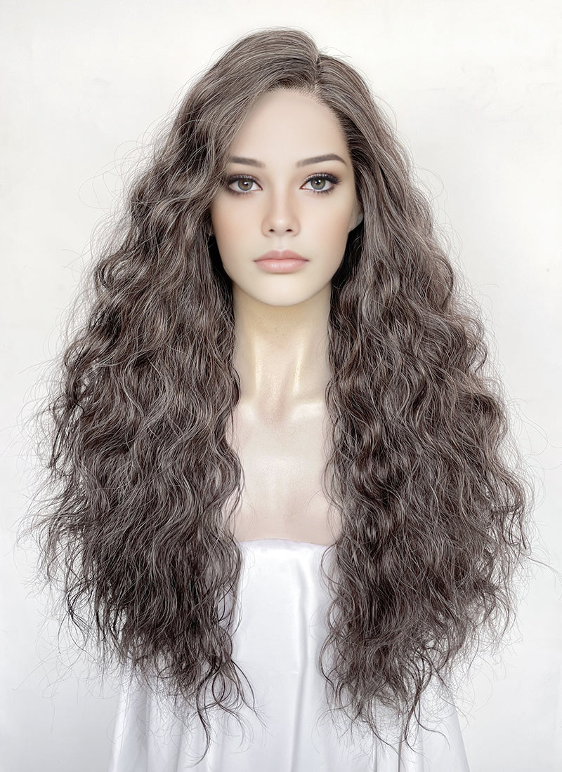 Brown Mixed Grey Curly Lace Front Synthetic Hair Wig LFK5598