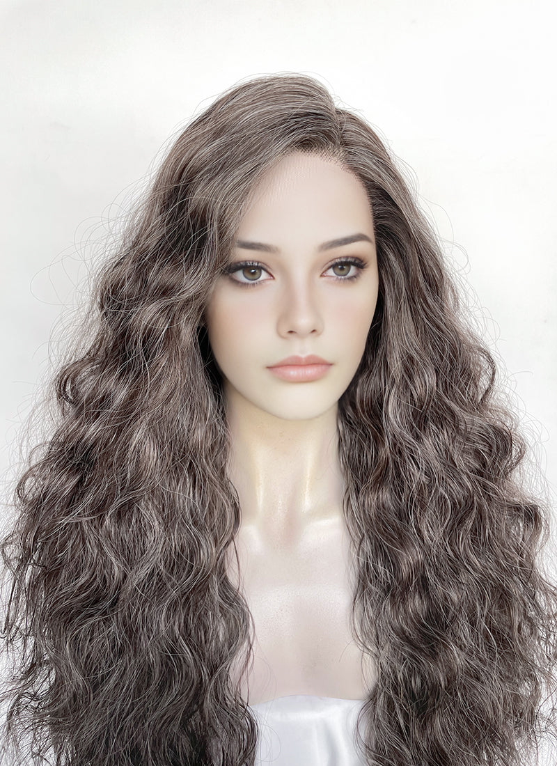 Brown Mixed Grey Curly Lace Front Synthetic Hair Wig LFK5598