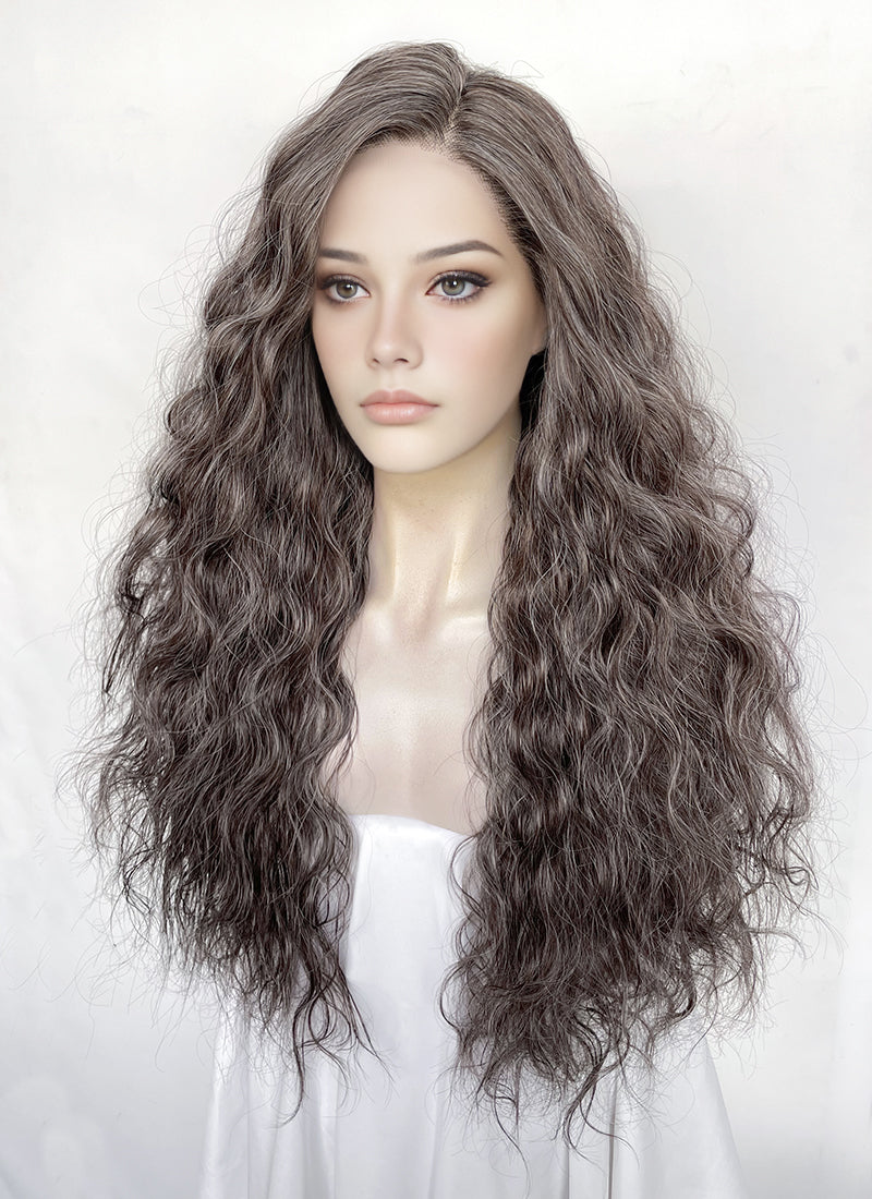 Brown Mixed Grey Curly Lace Front Synthetic Hair Wig LFK5598
