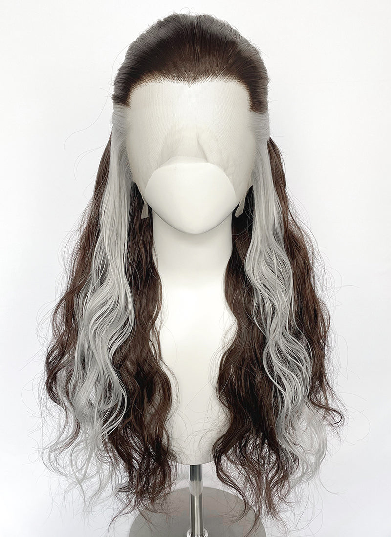 Brown Mixed Silver Grey Wavy Lace Front Synthetic Hair Wig LFK5603