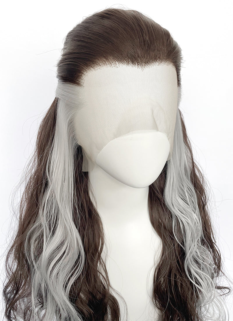 Brown Mixed Silver Grey Wavy Lace Front Synthetic Hair Wig LFK5603