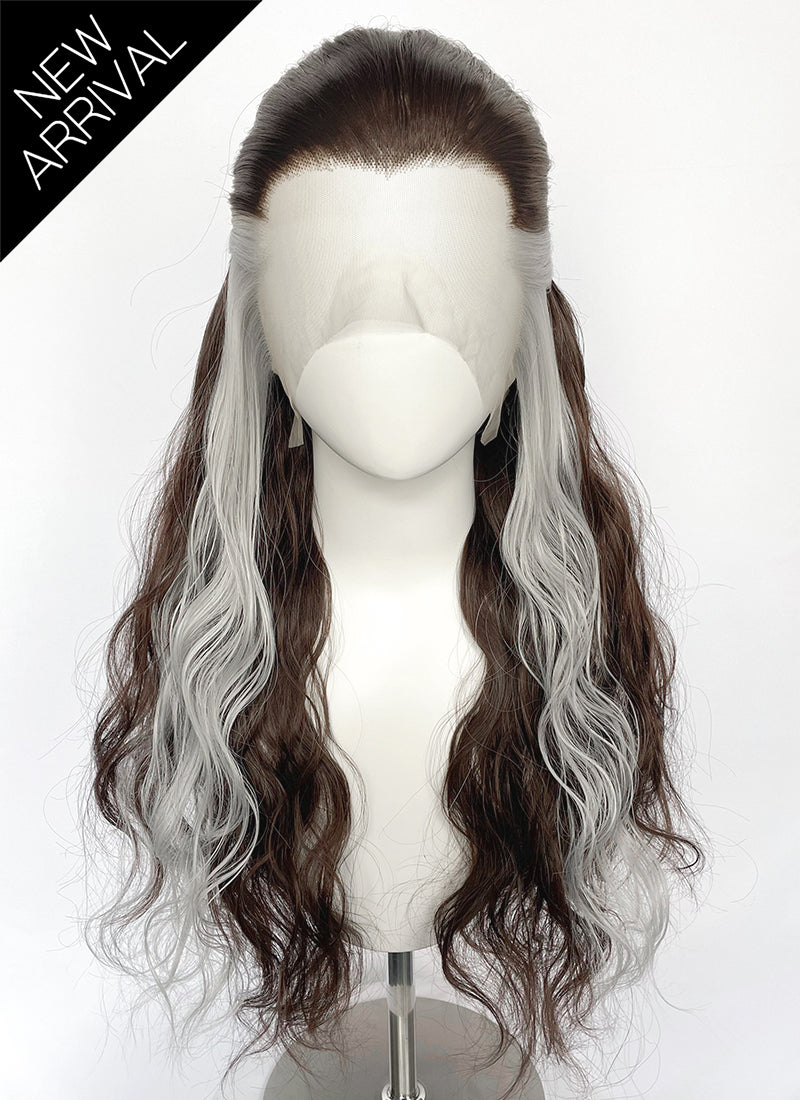 Brown Mixed Silver Grey Wavy Lace Front Synthetic Hair Wig LFK5603