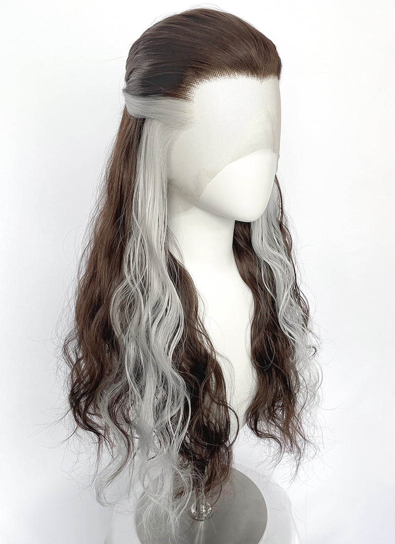 Brown Mixed Silver Grey Wavy Lace Front Synthetic Hair Wig LFK5603