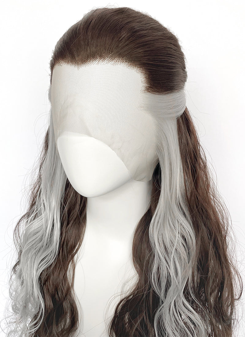 Brown Mixed Silver Grey Wavy Lace Front Synthetic Hair Wig LFK5603