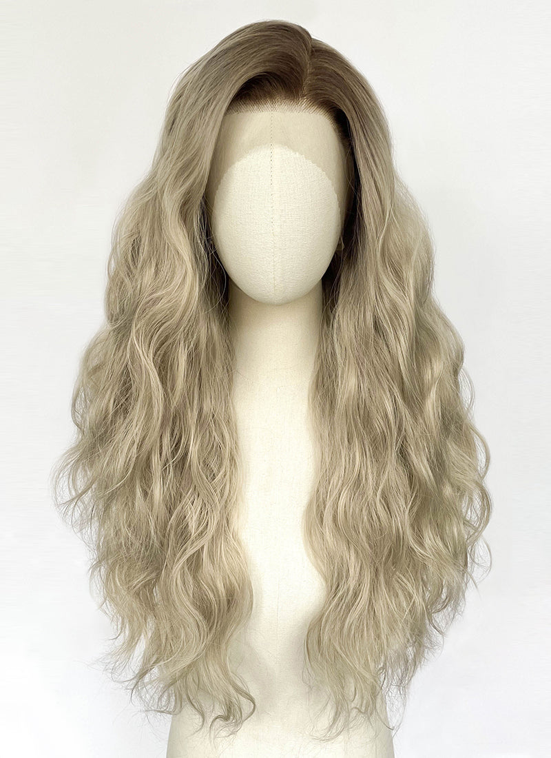 Ash Blonde With Dark Roots Wavy Lace Front Synthetic Hair Wig LFK5607