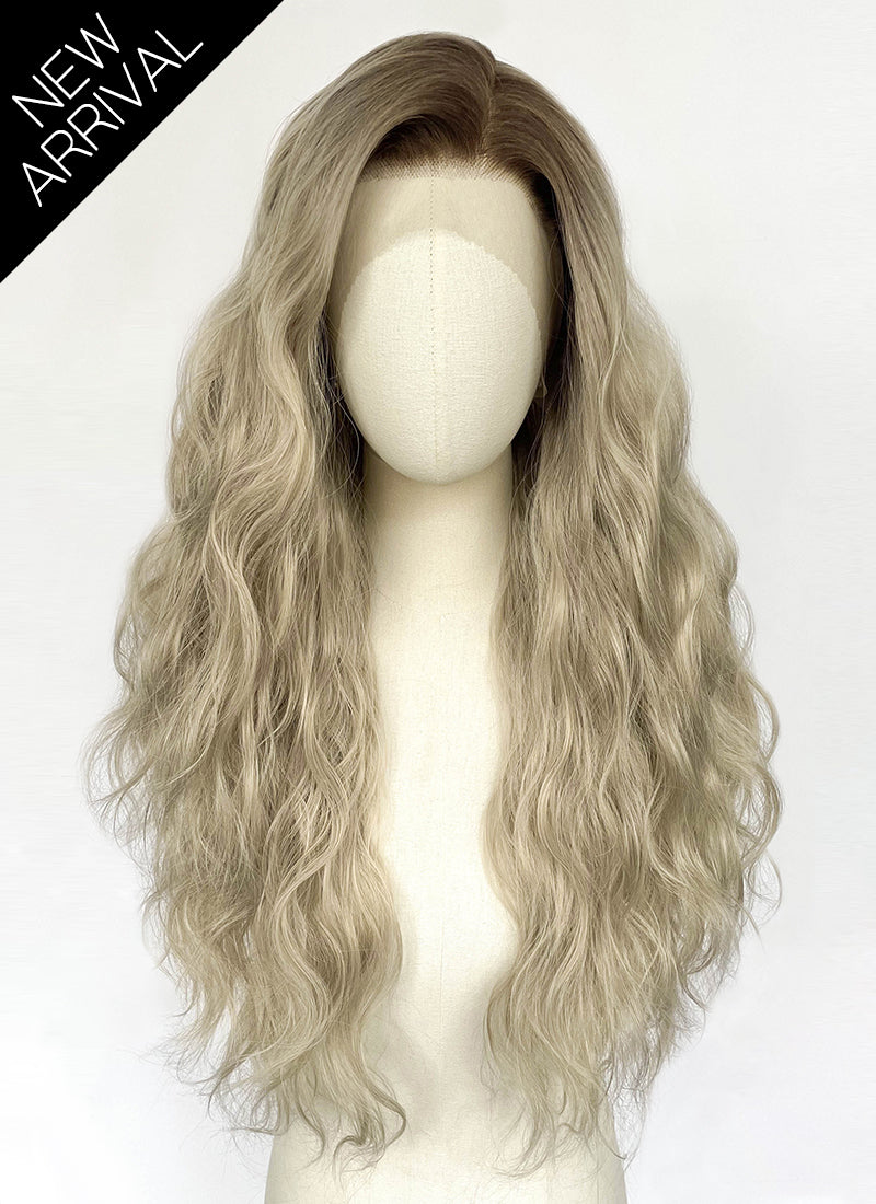 Ash Blonde With Dark Roots Wavy Lace Front Synthetic Hair Wig LFK5607
