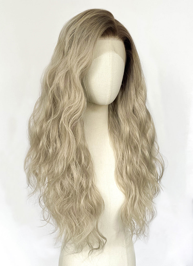 Ash Blonde With Dark Roots Wavy Lace Front Synthetic Hair Wig LFK5607