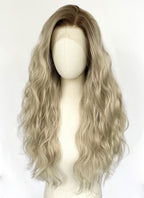 Ash Blonde With Dark Roots Wavy Lace Front Synthetic Hair Wig LFK5607