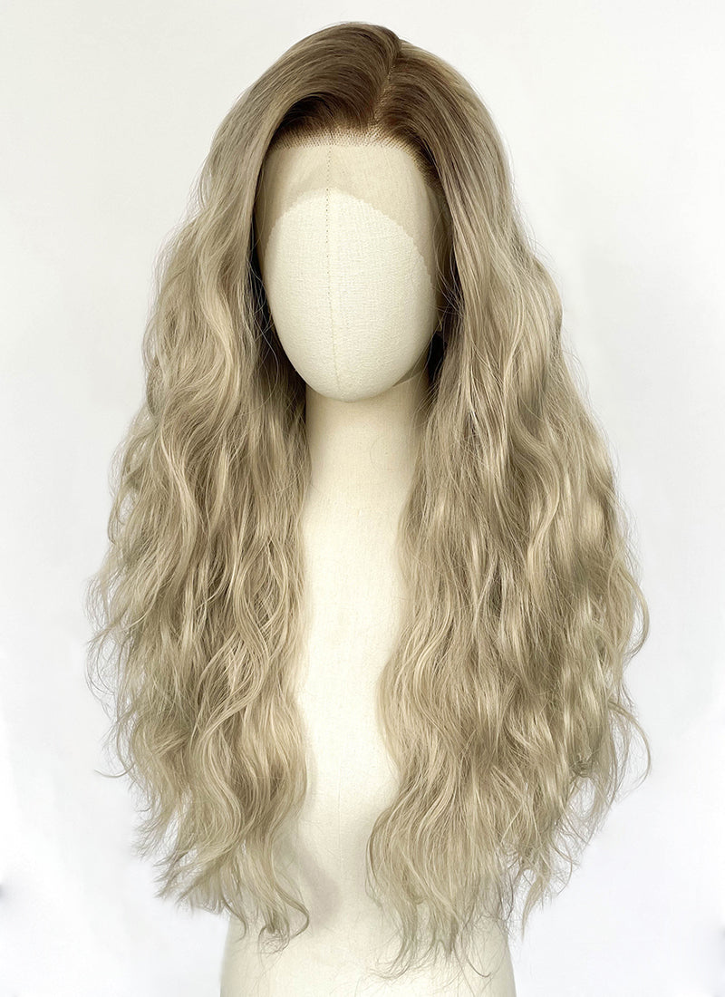 Ash Blonde With Dark Roots Wavy Lace Front Synthetic Hair Wig LFK5607