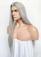 Pastel Blondish Grey Straight Lace Front Synthetic Hair Men's Wig LFM003