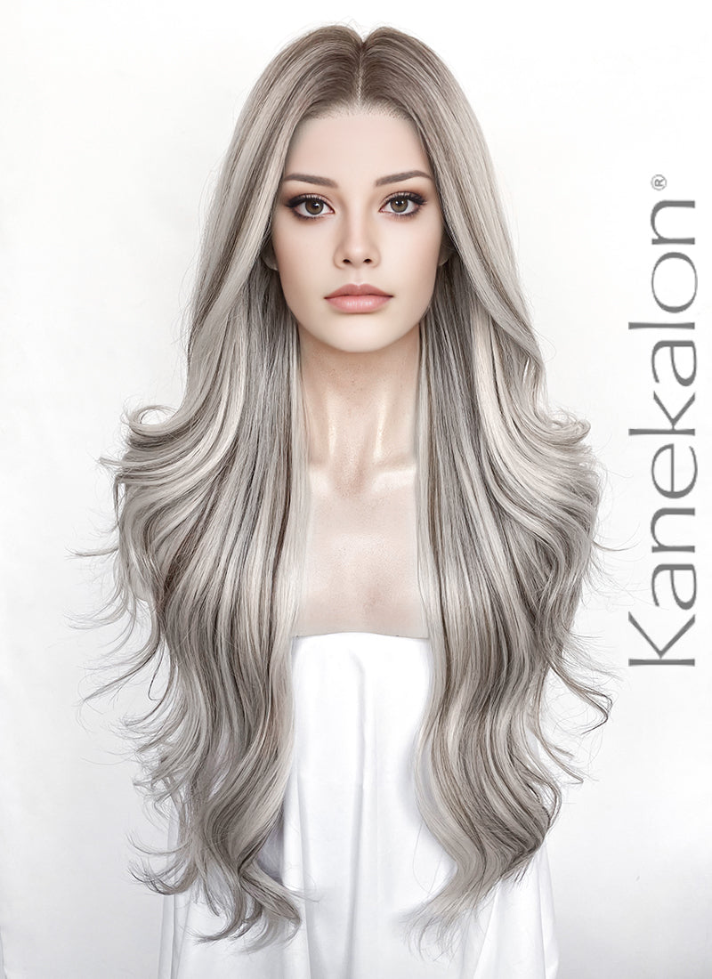 Balayage Mixed Blonde With Dark Roots Wavy 13" x 6" Lace Top Kanekalon Synthetic Hair Wig LFS057