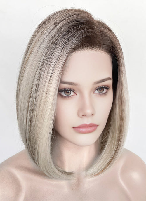 Mixed Blonde With Dark Roots Straight 13" x 6" Bob Lace Top Kanekalon Synthetic Hair Wig LFS059