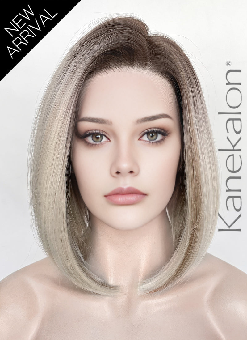 Mixed Blonde With Dark Roots Straight 13" x 6" Bob Lace Top Kanekalon Synthetic Hair Wig LFS059