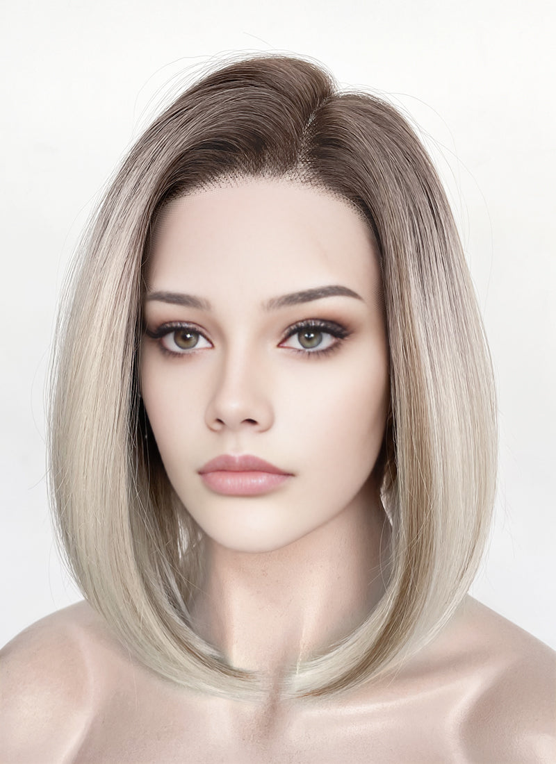 Mixed Blonde With Dark Roots Straight 13" x 6" Bob Lace Top Kanekalon Synthetic Hair Wig LFS059