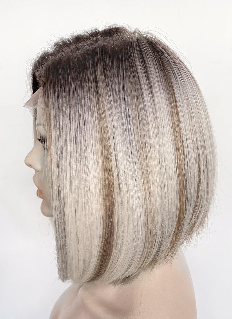 Mixed Blonde With Dark Roots Straight 13" x 6" Bob Lace Top Kanekalon Synthetic Hair Wig LFS059