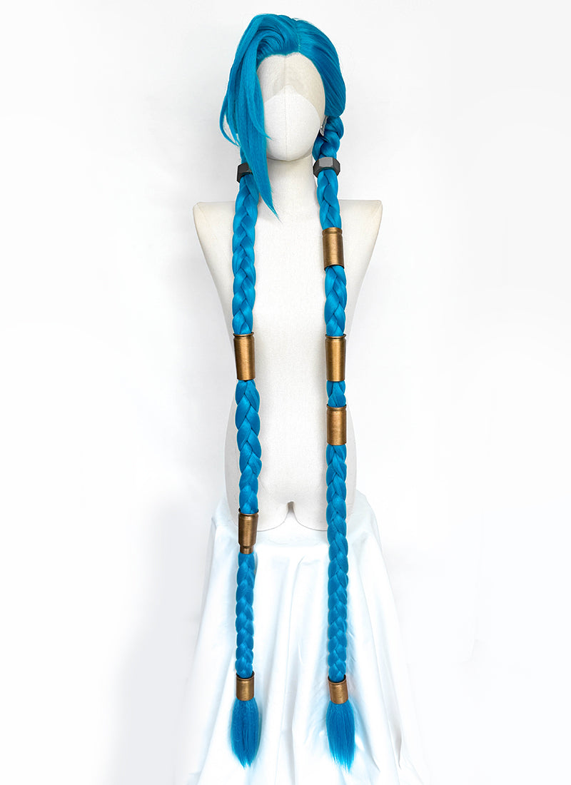 League of Legends LOL Arcane Jinx Turquoise Blue Braided Lace Front Synthetic Wig LN6020X