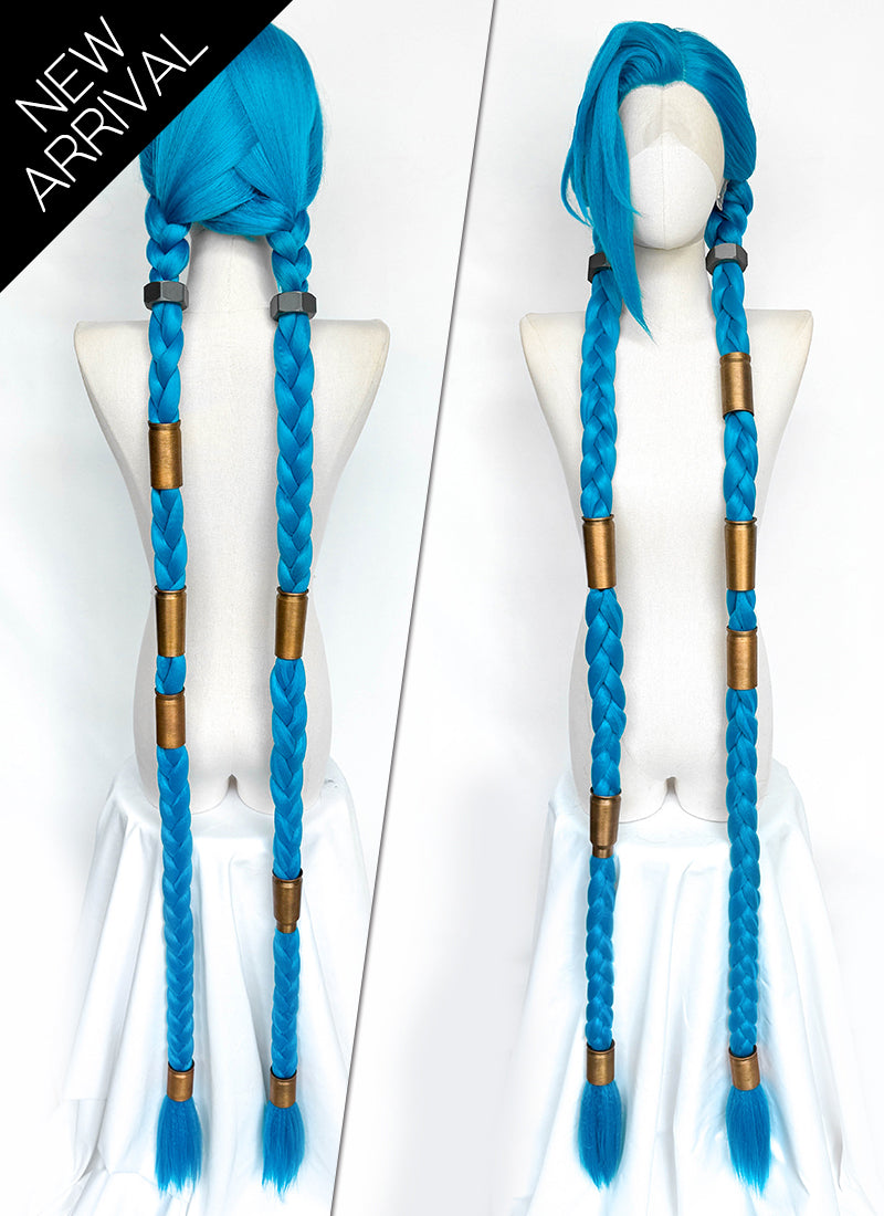 League of Legends LOL Arcane Jinx Turquoise Blue Braided Lace Front Synthetic Wig LN6020X