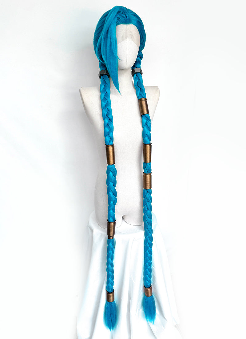 League of Legends LOL Arcane Jinx Turquoise Blue Braided Lace Front Synthetic Wig LN6020X
