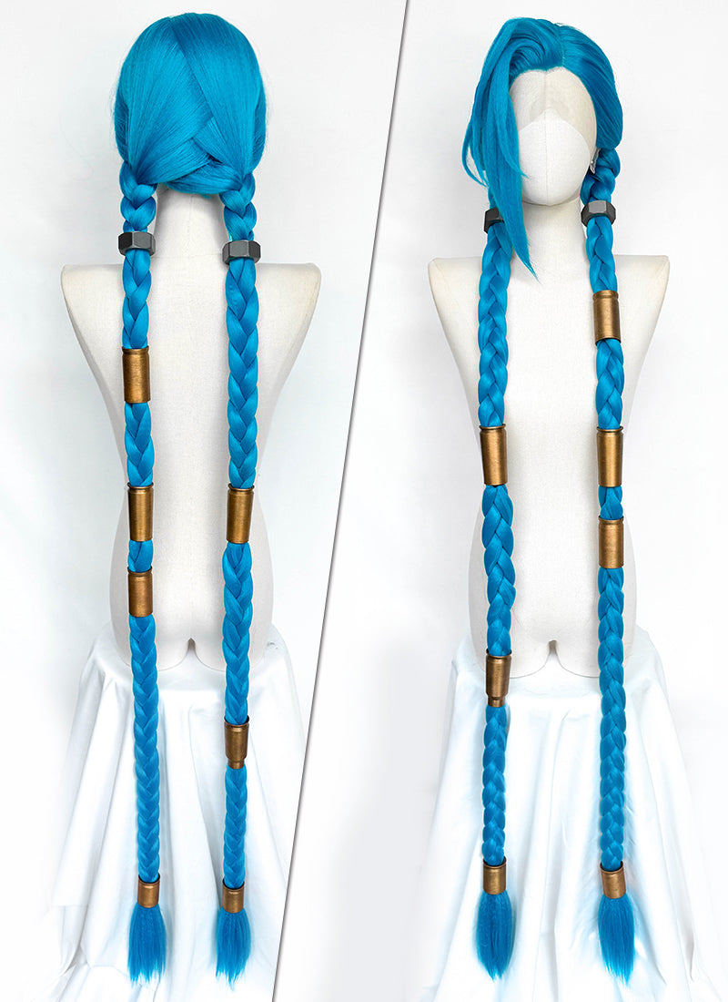 League of Legends LOL Arcane Jinx Turquoise Blue Braided Lace Front Synthetic Wig LN6020X