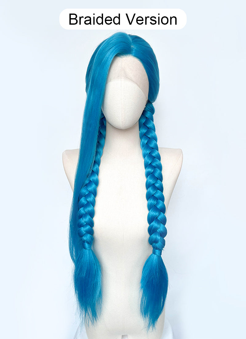 League of Legends LOL Arcane Jinx Turquoise Blue Straight Lace Front Synthetic Wig LN6020