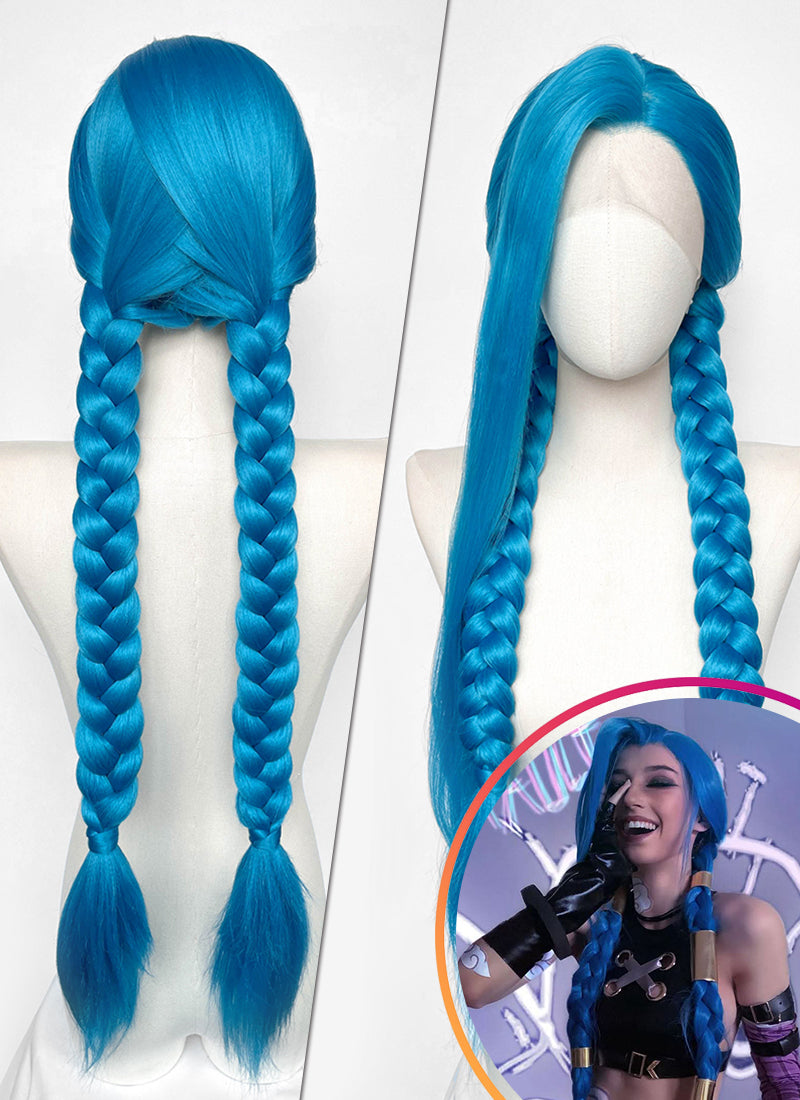 League of Legends LOL Arcane Jinx Turquoise Blue Straight Lace Front Synthetic Wig LN6020