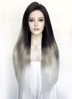 Black Grey White Ombre Straight Yaki Lace Front Synthetic Hair Wig LN6050