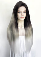 Black Grey White Ombre Straight Yaki Lace Front Synthetic Hair Wig LN6050