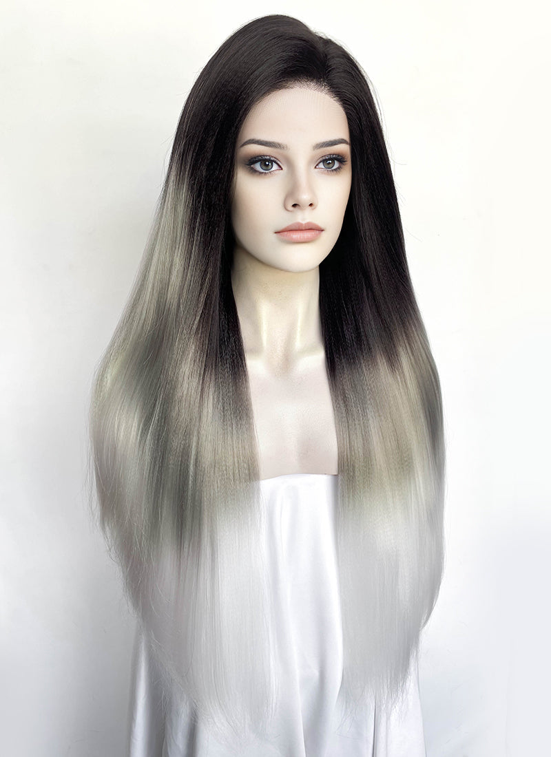Black Grey White Ombre Straight Yaki Lace Front Synthetic Hair Wig LN6050