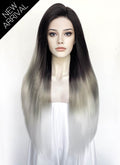 Black Grey White Ombre Straight Yaki Lace Front Synthetic Hair Wig LN6050