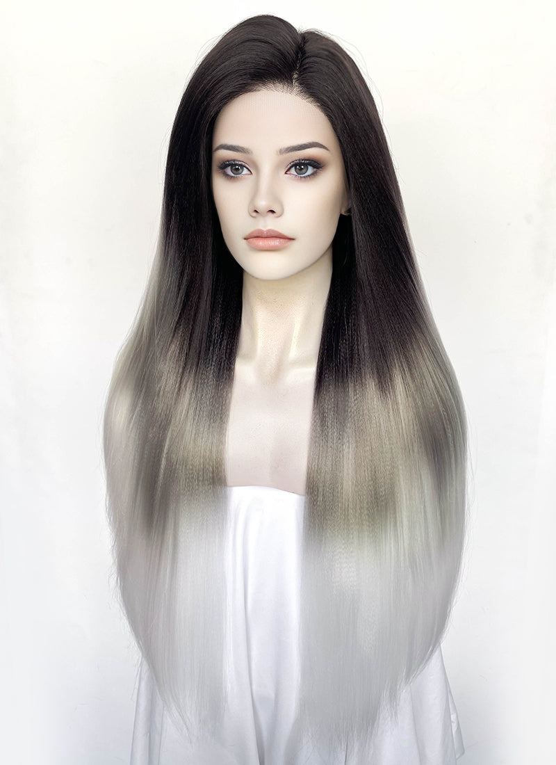 Black Grey White Ombre Straight Yaki Lace Front Synthetic Hair Wig LN6050