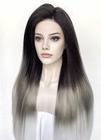 Black Grey White Ombre Straight Yaki Lace Front Synthetic Hair Wig LN6050