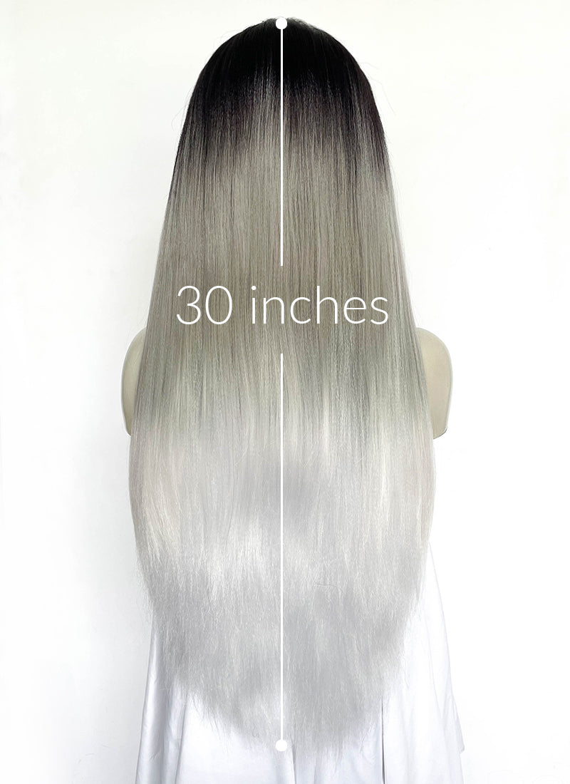 Black Grey White Ombre Straight Yaki Lace Front Synthetic Hair Wig LN6050